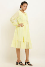 Thumbnail for PAVONINE Lemon Color Georgette Fabric Lace Inserts Midi For Girls - Distacart