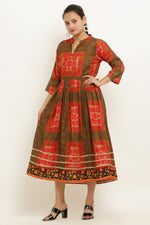 Thumbnail for PAVONINE Jaipuri Block Print Mehandi Color Dress For Girls & Women - Distacart
