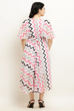 Thumbnail for PAVONINE Zig-Zag Printed Georgette Fabric Peach Dress For Women - Distacart