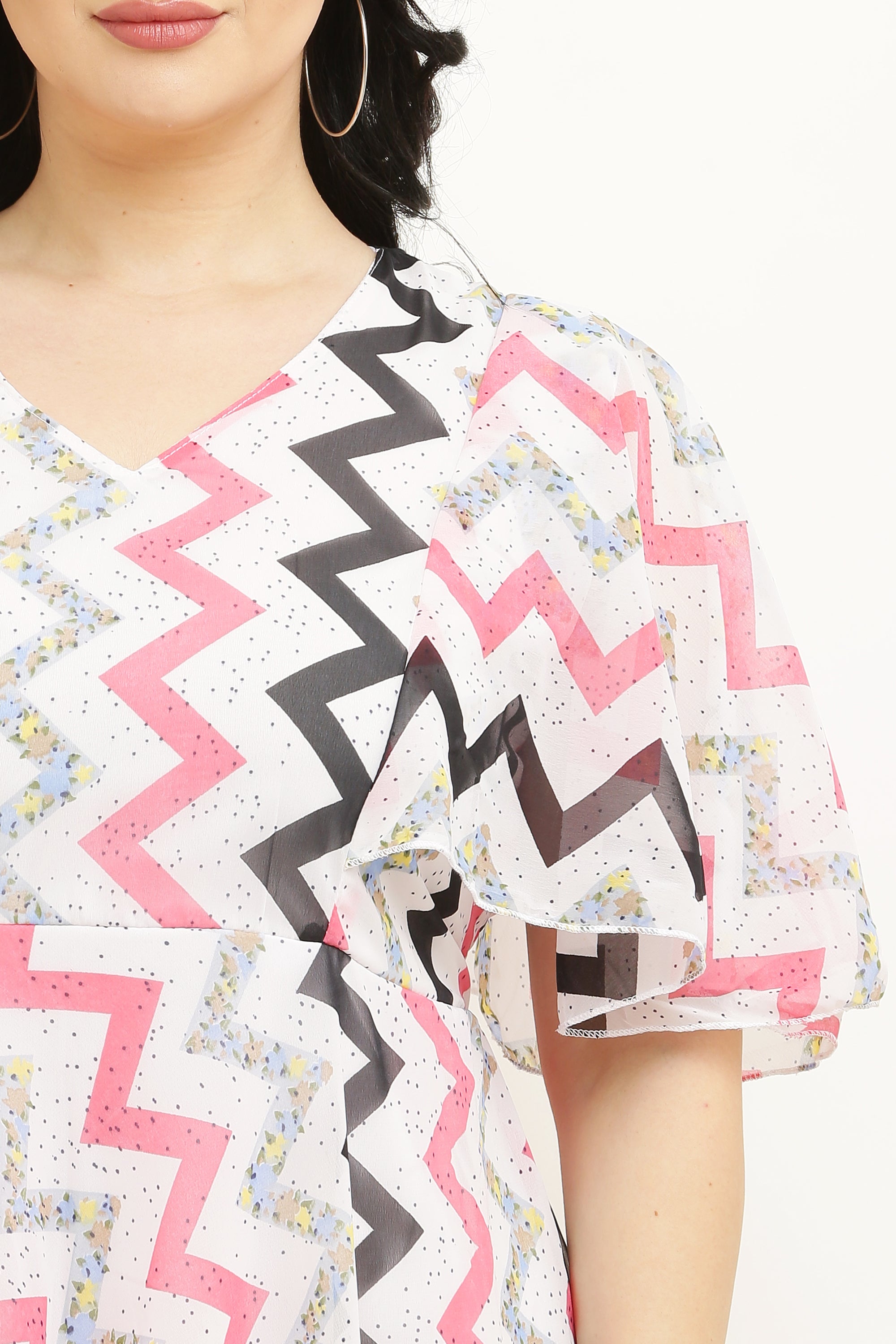 PAVONINE Zig-Zag Printed Georgette Fabric Peach Dress For Women - Distacart