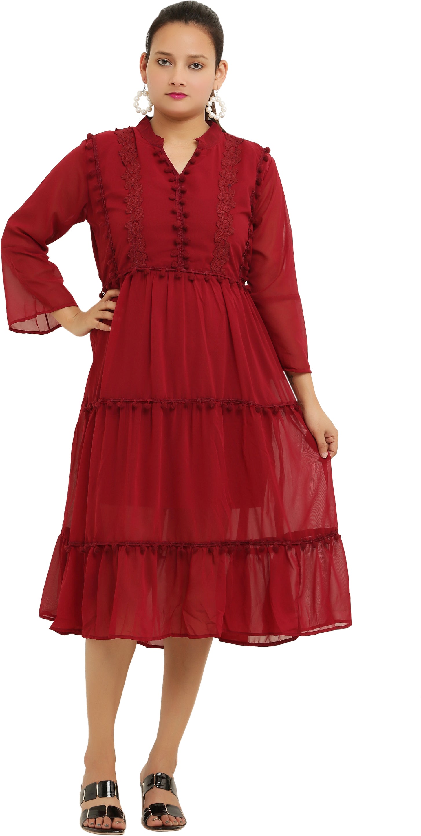 PAVONINE Pum Pum & Lace Inserted Maroon Color Dress For Girls & Women - Distacart