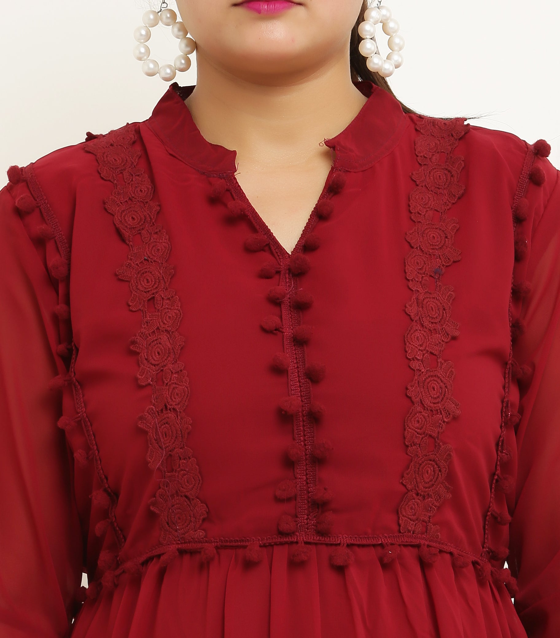 PAVONINE Pum Pum & Lace Inserted Maroon Color Dress For Girls & Women - Distacart