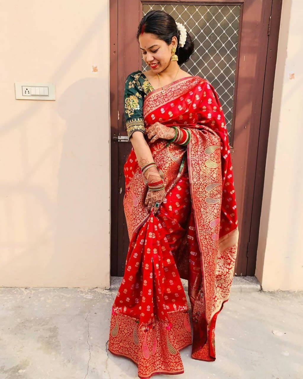 DEIANA'S Beautiful Golden Jari with New Design Soft Lichi Silk Saree - Red - Distacart