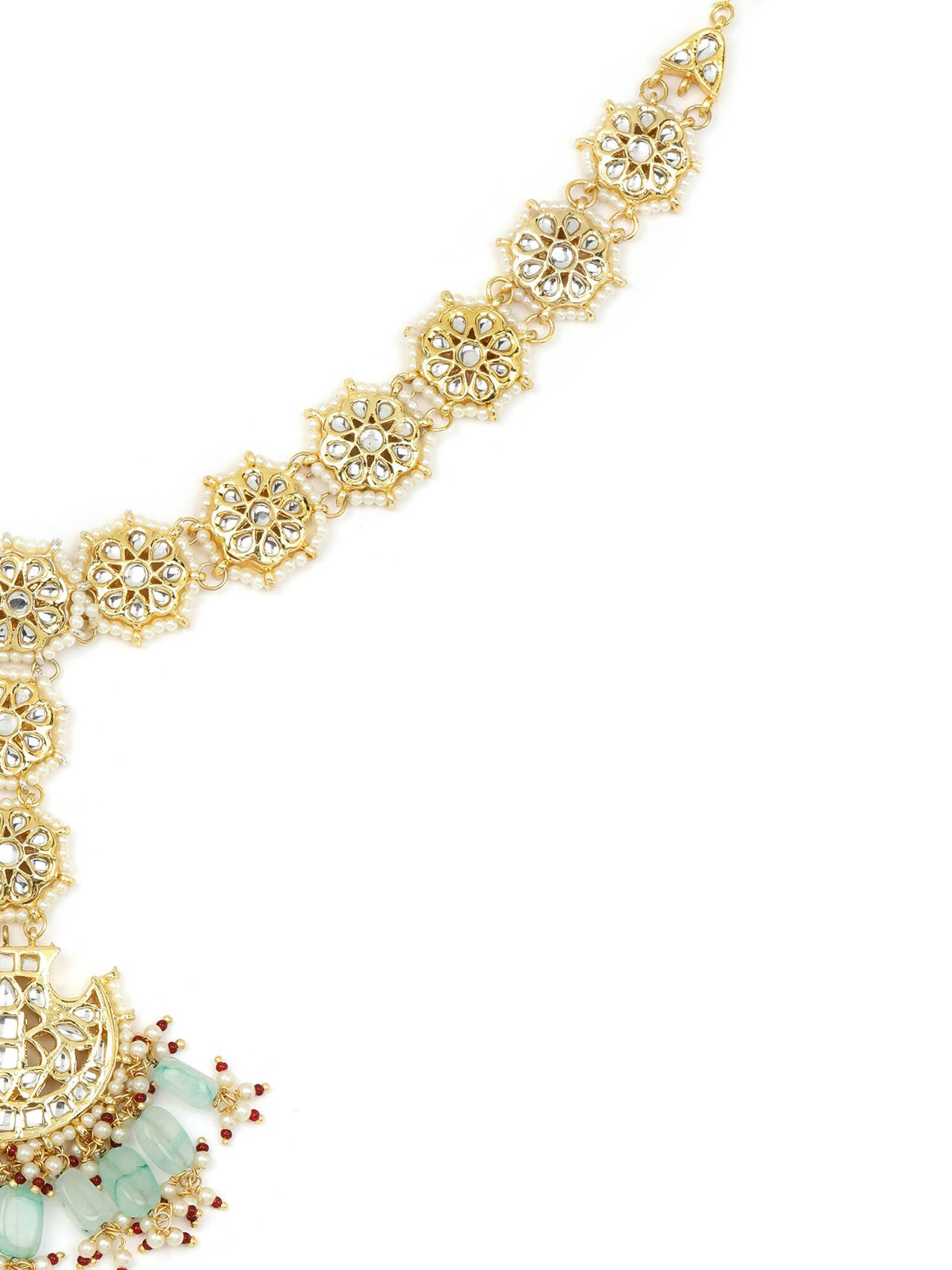 Gold-Plated White Blue Kundan-Studded Pearl Beaded Matha Patti - Ruby Raang - Distacart
