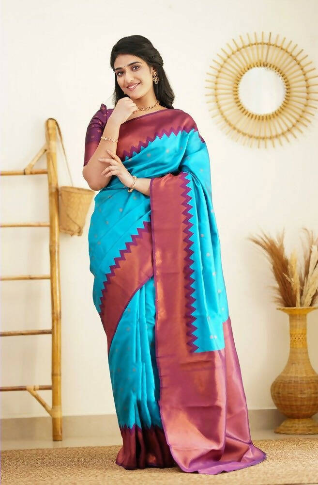 DEIANA'S Beautiful Golden Jari with New Design Soft Lichi Silk Saree - Firozi - Distacart