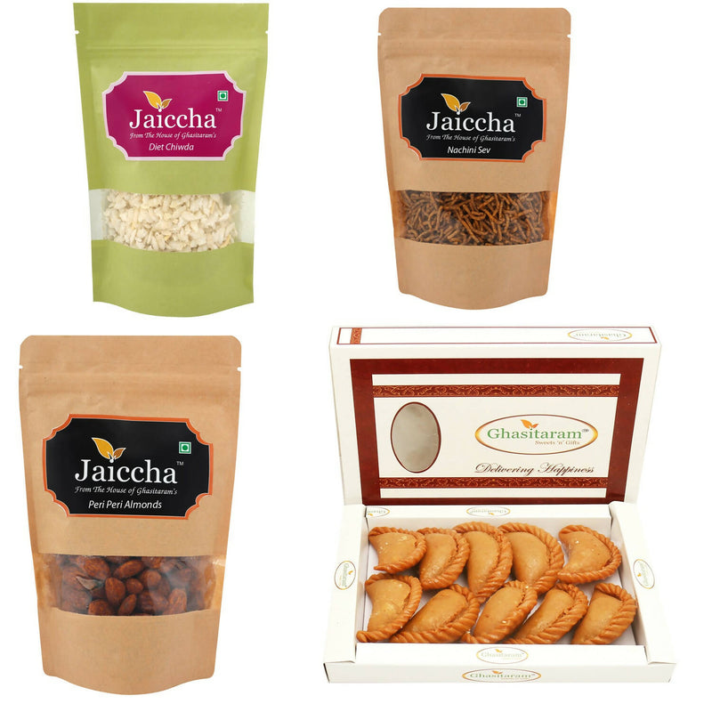 Ghasitaram Holi Sweets Hamper Best of 4- Sugarfree Gujiya, Chiwda, Flavoured Almonds, Nachini Sev Pouches - Distacart