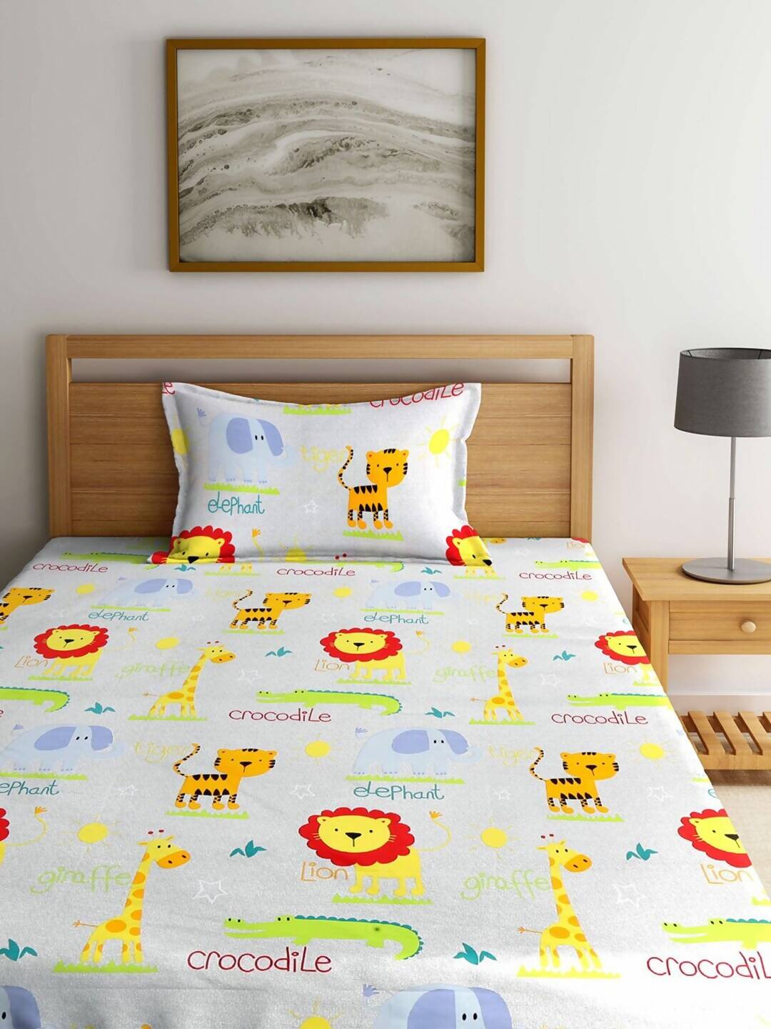 Home Sizzler White & Orange Cartoon Characters 210 TC Bedsheet with Pillow Covers - Distacart