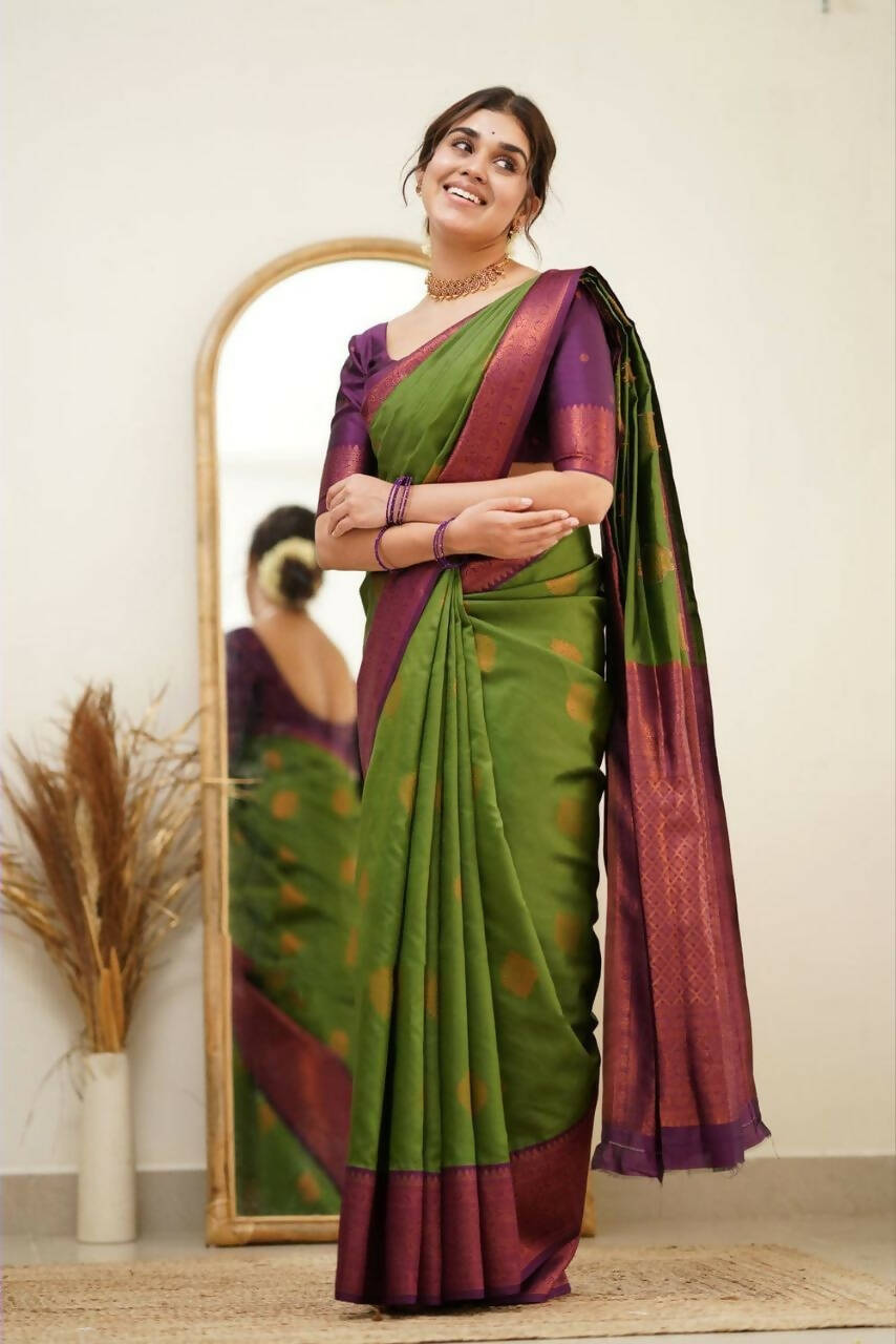 DEIANA'S Beautiful Golden Jari with New Design Soft Lichi Silk Saree - Mehndi - Distacart