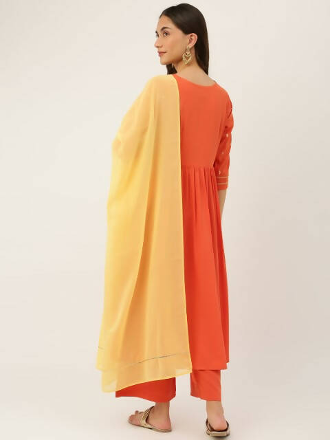 FIORRA Women's Orange Poly Crepe Flared Kurta With Dupatta - Distacart