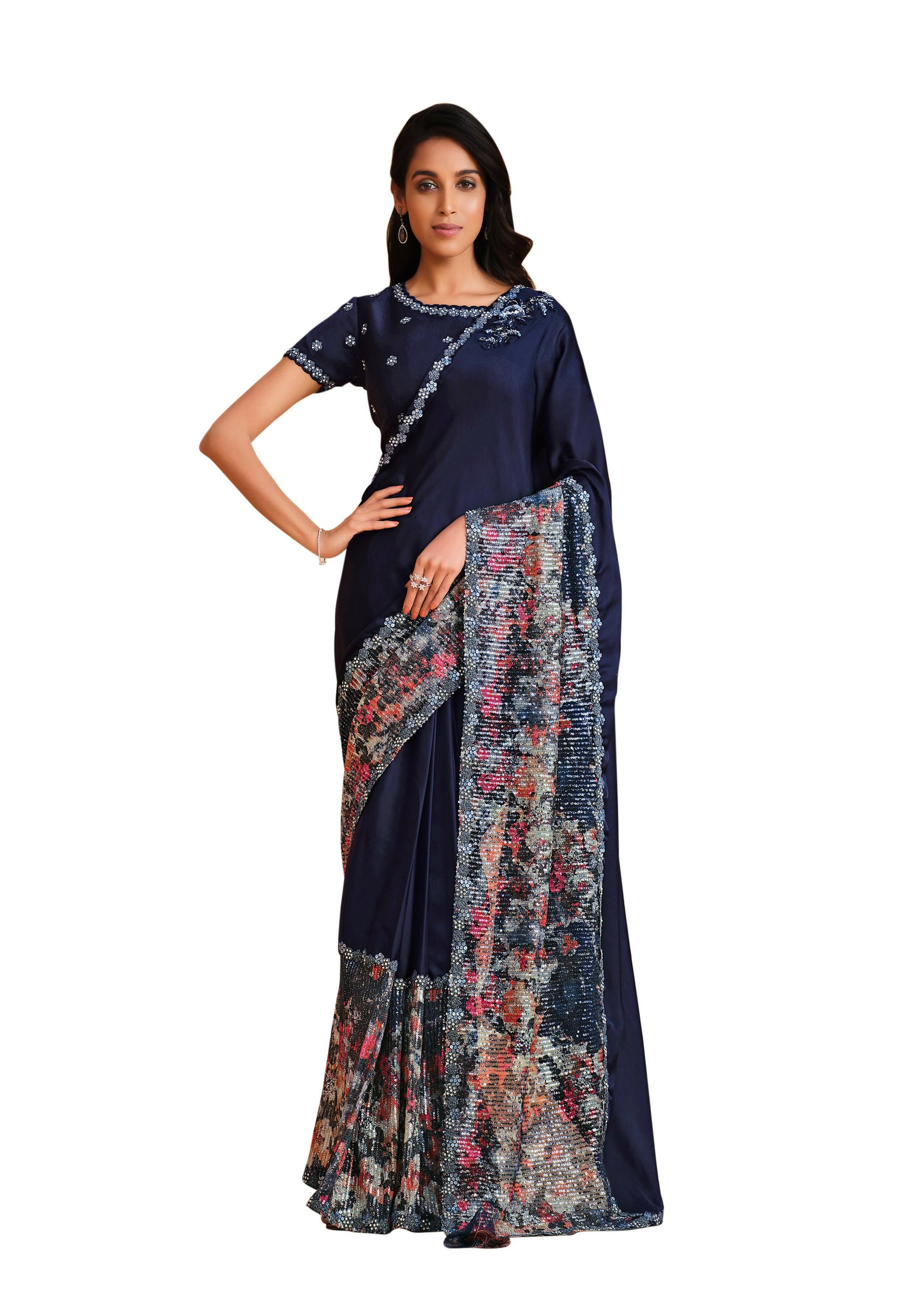 Blue Satin Crepe Silk Sequence Embroidered Saree With Unstitched Blouse - Mohmanthan Yavanika - Distacart