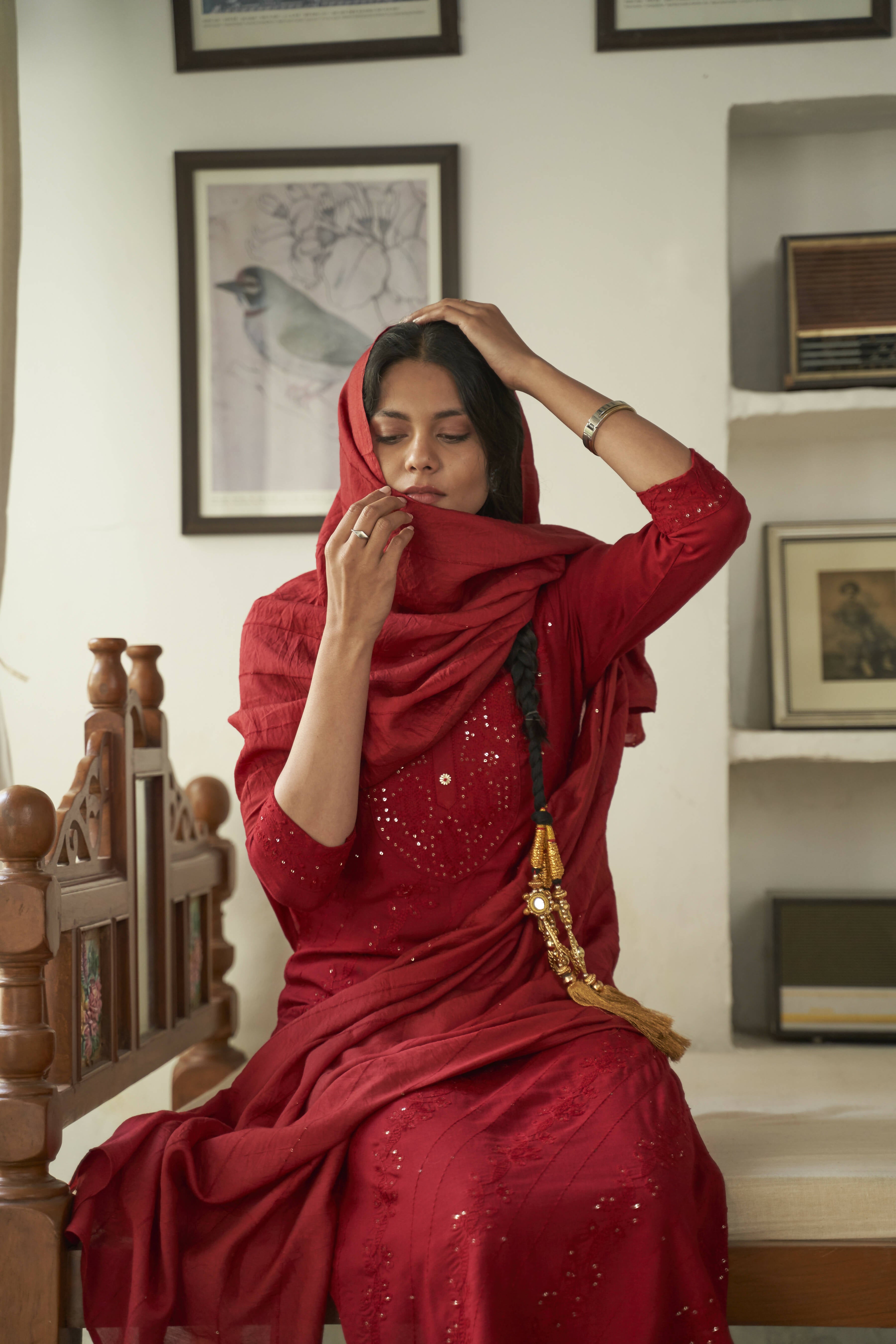 Maroon Rayon Sequence Embroidery work Straight kurta with Pant & Dupatta - Akashara - Distacart