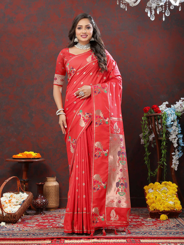 Lorenvalley Fashion Red Soft Paithani Silk Woven Design Copper Zari Meenakari Weaving Saree - Distacart