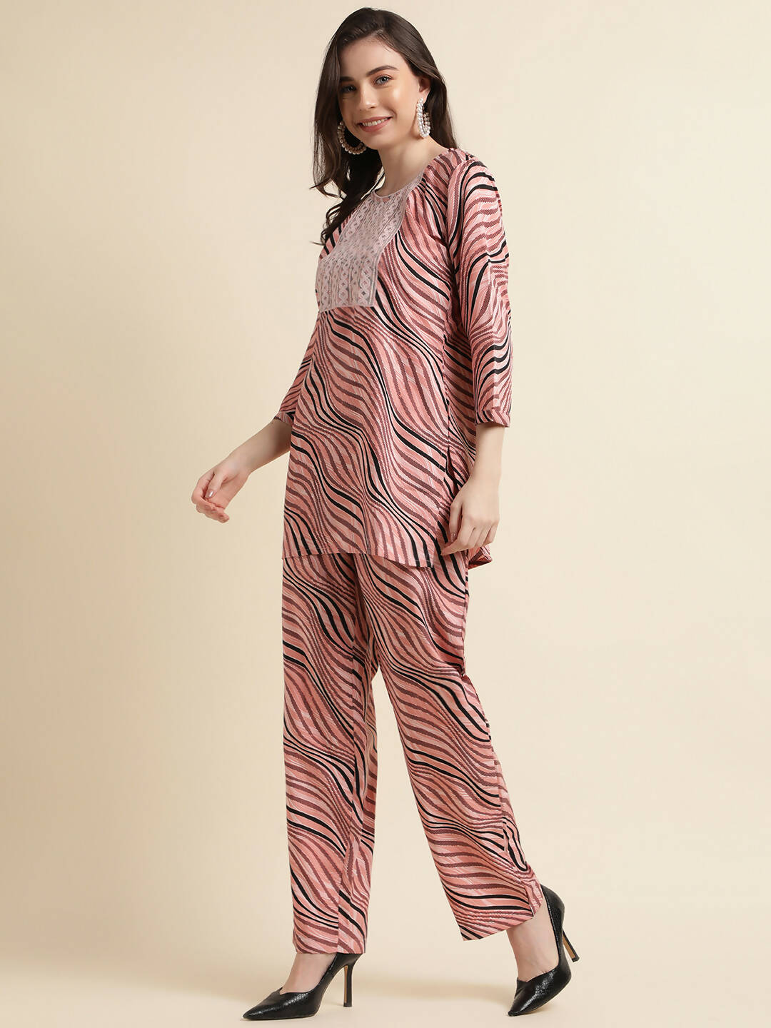 Peach Poly Crepe Digital Printed Top with Matching Bottom - Preeti - Distacart