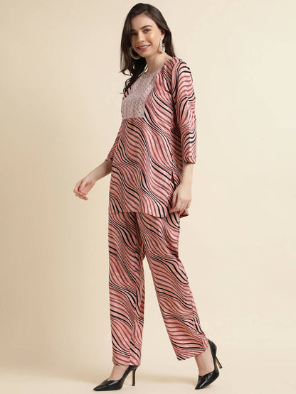 Peach Poly Crepe Digital Printed Top with Matching Bottom - Preeti - Distacart