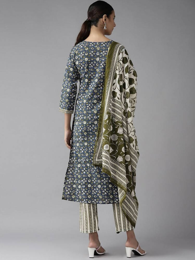 Yufta Blue & Green Printed Embroidered Kurta with Trouser and Dupatta Set