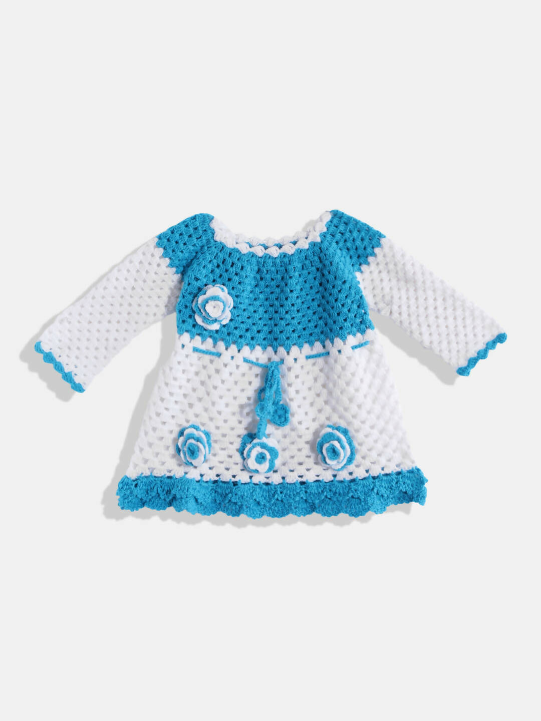 Chutput Kids Woollen Hand Knitted Full Sleeves Rose Work Dress - White - Distacart