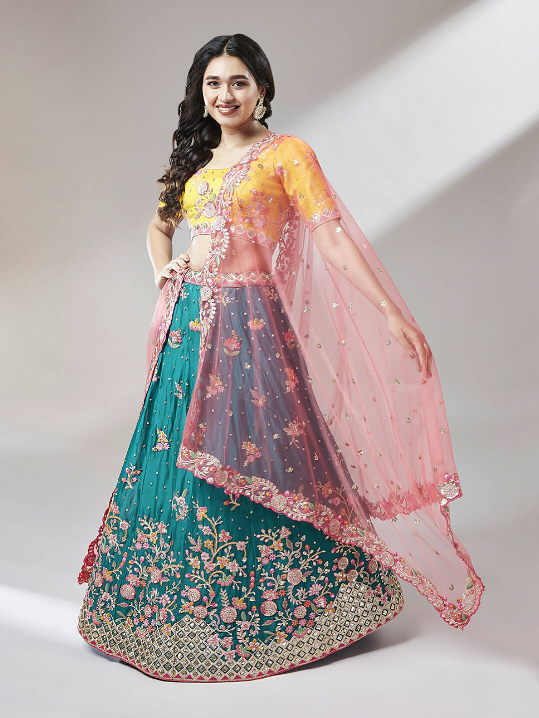 House of Panchhi Teal Pure Georgette Sequinse Work Lehenga & Blouse with Dupatta - Distacart
