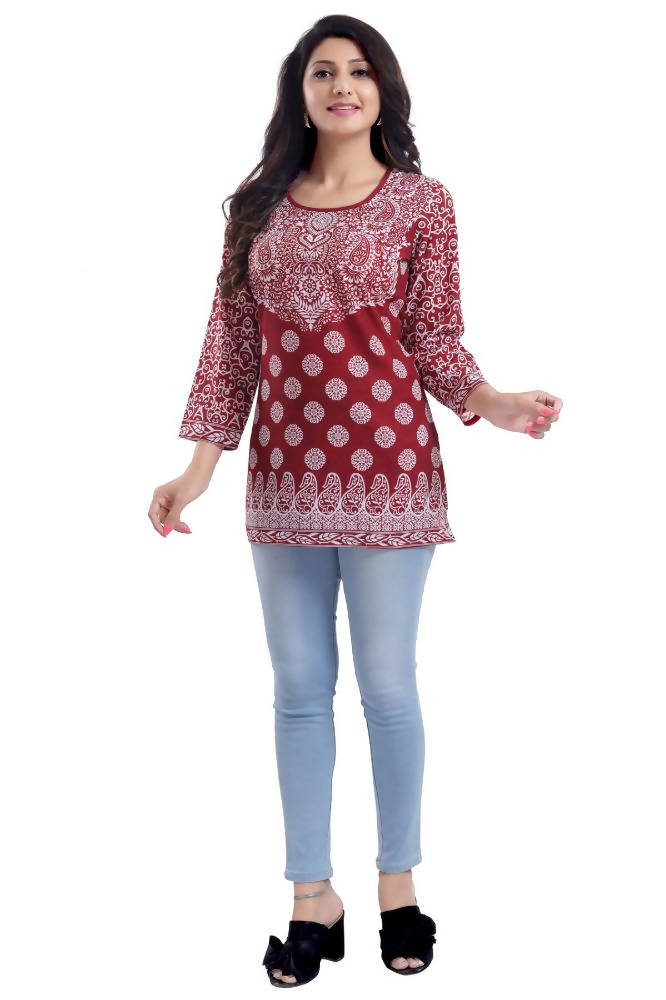 Snehal Creations Rust Faux Crepe Short Kurti Tunic