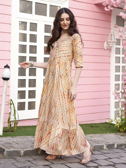 Peach Rayon Foil Printed Long Dress - Michan - Distacart