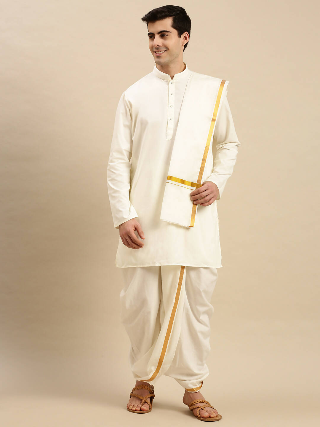 Ramraj Cotton Premium Wedding Cream Readymade Panchakacham,Kurta & Towel Set RP Jari - Distacart