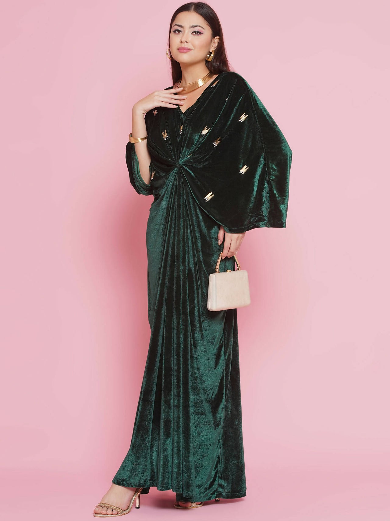 Women Republic Green Velvet Hand Embellished Gown - Distacart