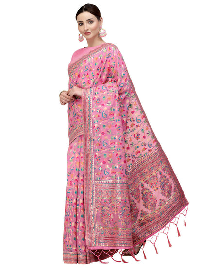Pink Silk Blend Woven Design Saree With Unstitched Blouse Piece - Aloki - Distacart