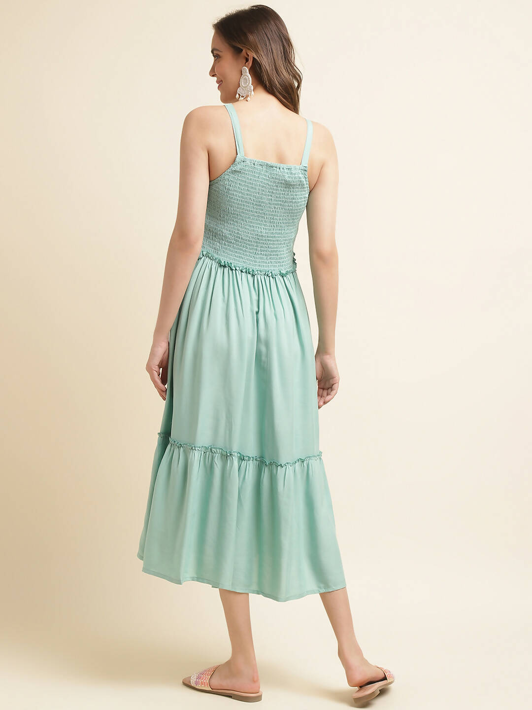 Sea Green Cotton Solid Flared Dress with Printed Shrug - Yukti - Distacart