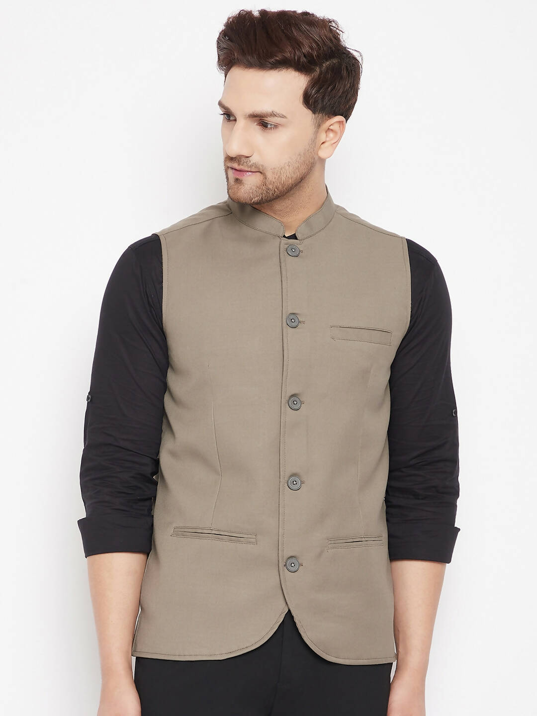 Even Apparels Beige Merino Men Woven Nehru Jacket - Distacart