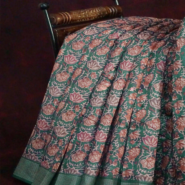 Light Green Lotus Print Semi Chanderi Saree By Gayathri Reddy Designer Studio - Distacart
