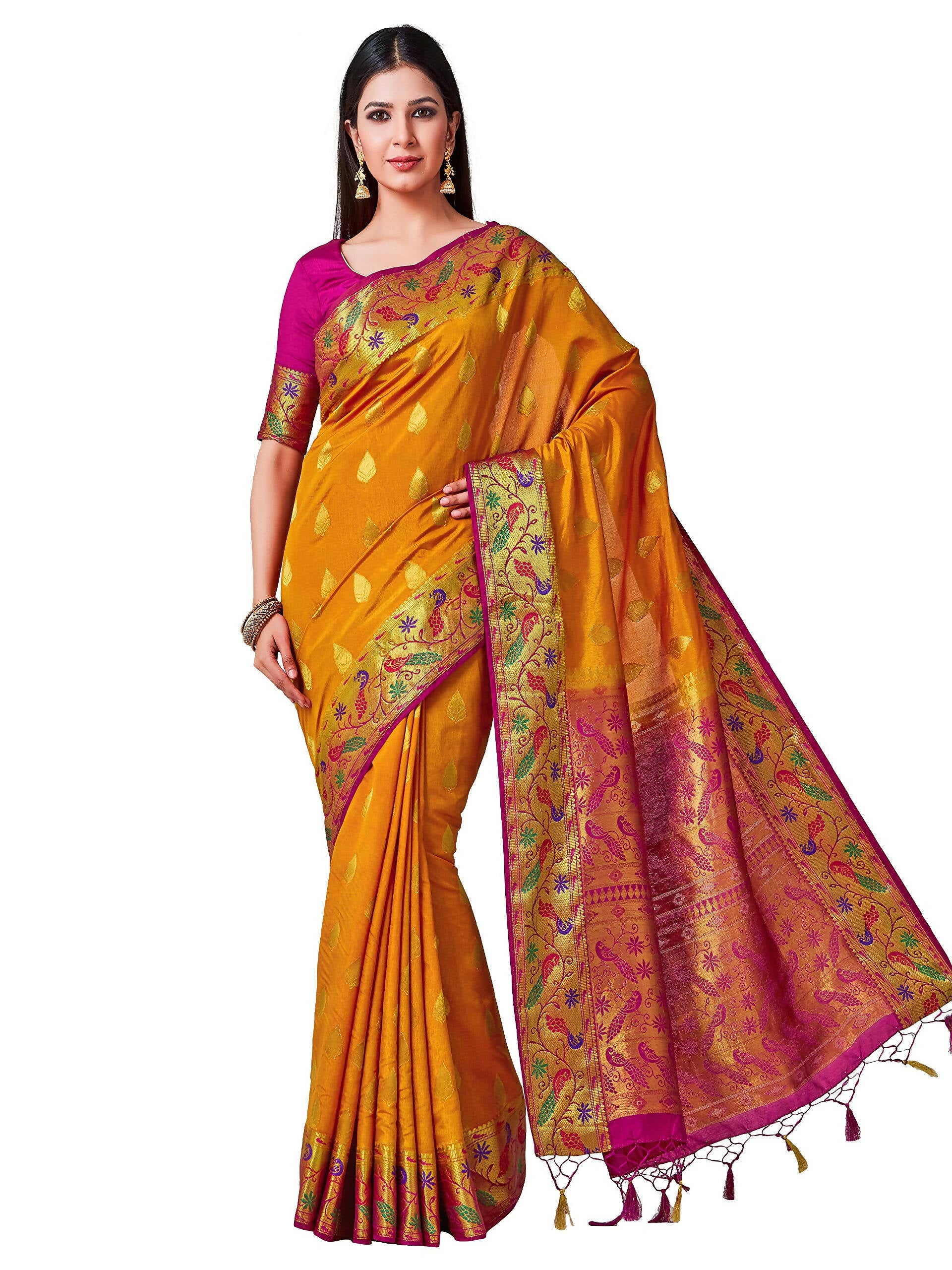 Mimosa Women's Paithani Art Silk Mustard Yellow Saree - Distacart