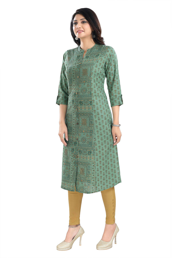 Snehal Creations Pleasing Pista Green Rayon Print Long Kurta For Women - Distacart