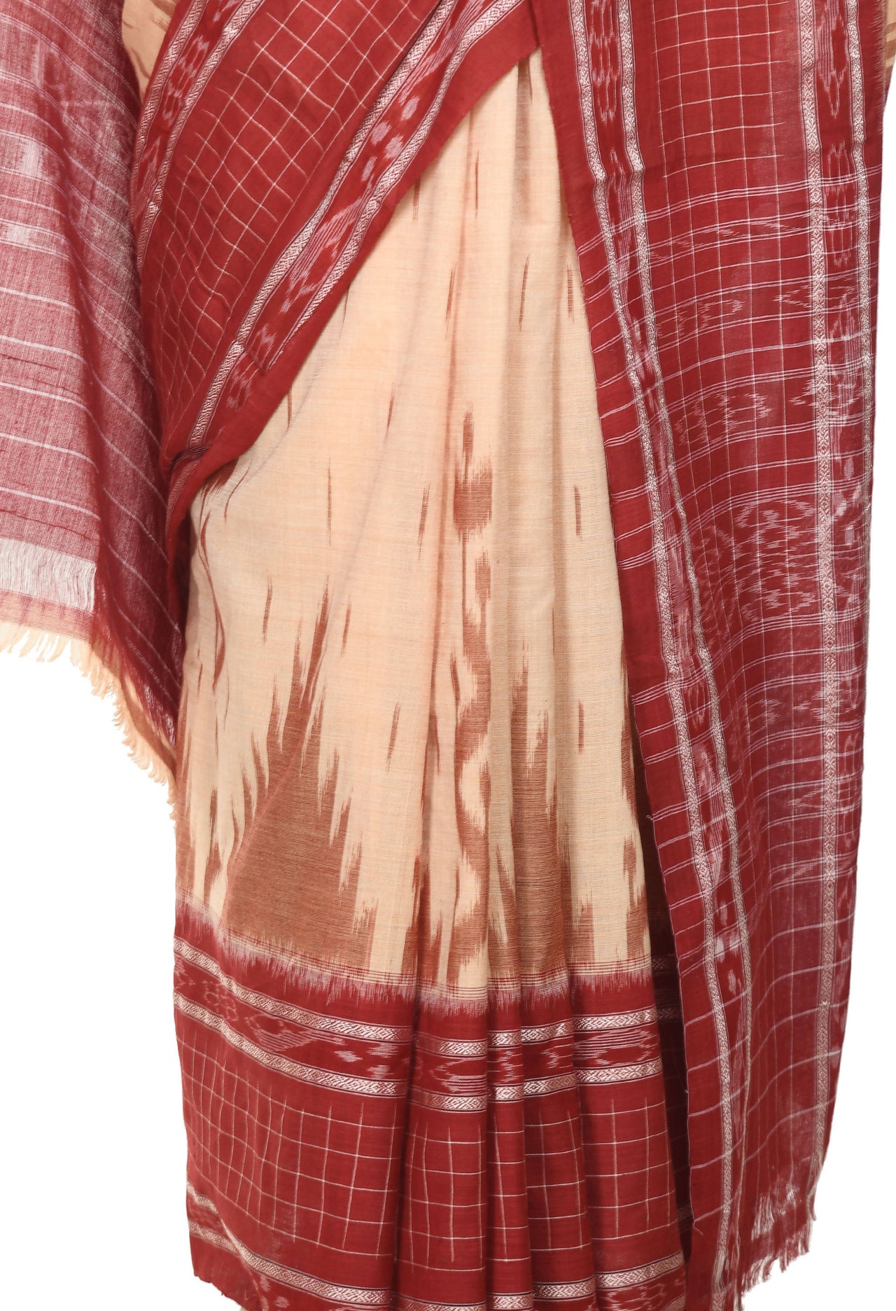 Vamika Sambalpuri Ikat Cotton Scot Dali Tasrite & Maroon Saree - Distacart