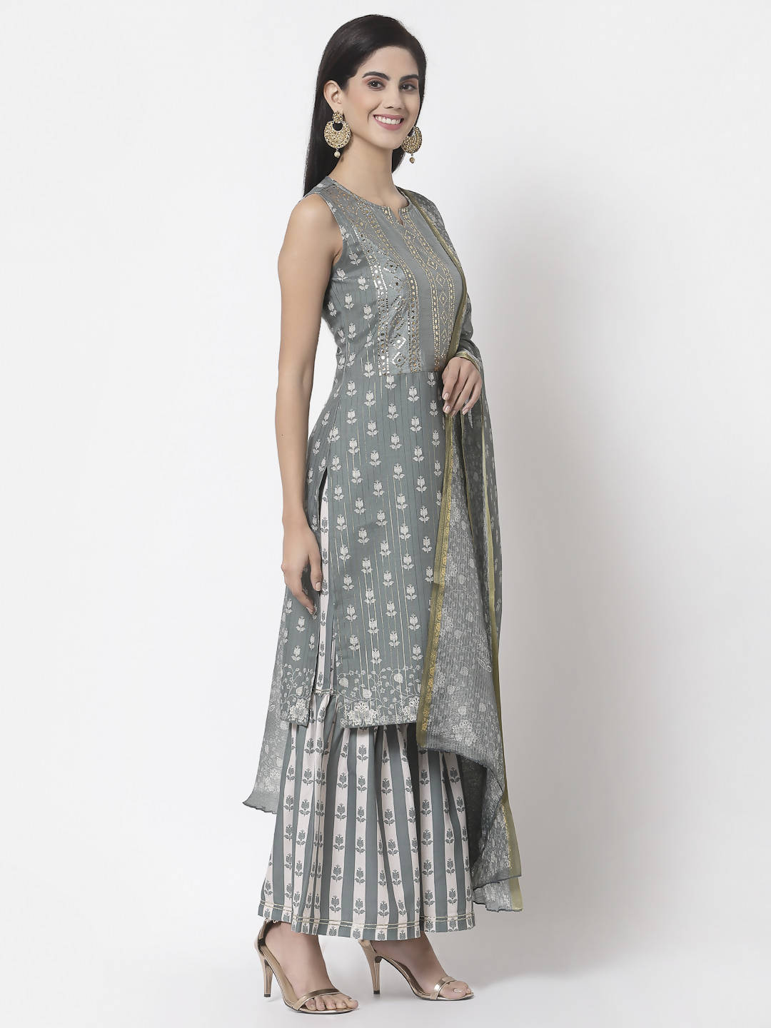 Myshka Women Grey Cotton Blend Printed Sleeveless Round Neck Kurta With Sharara & Dupatta Set