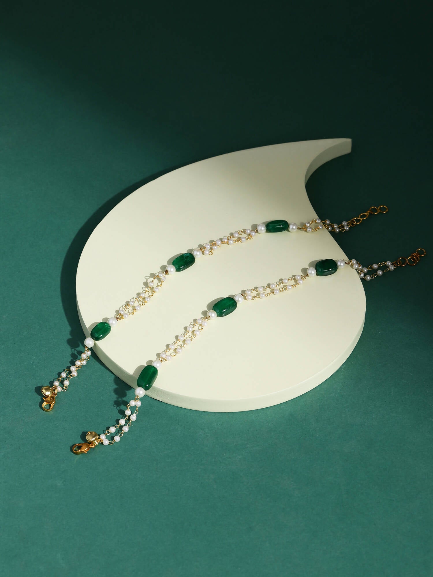 Gold-Plated White Green Pearl Beaded Anklets - Ruby Raang - Distacart
