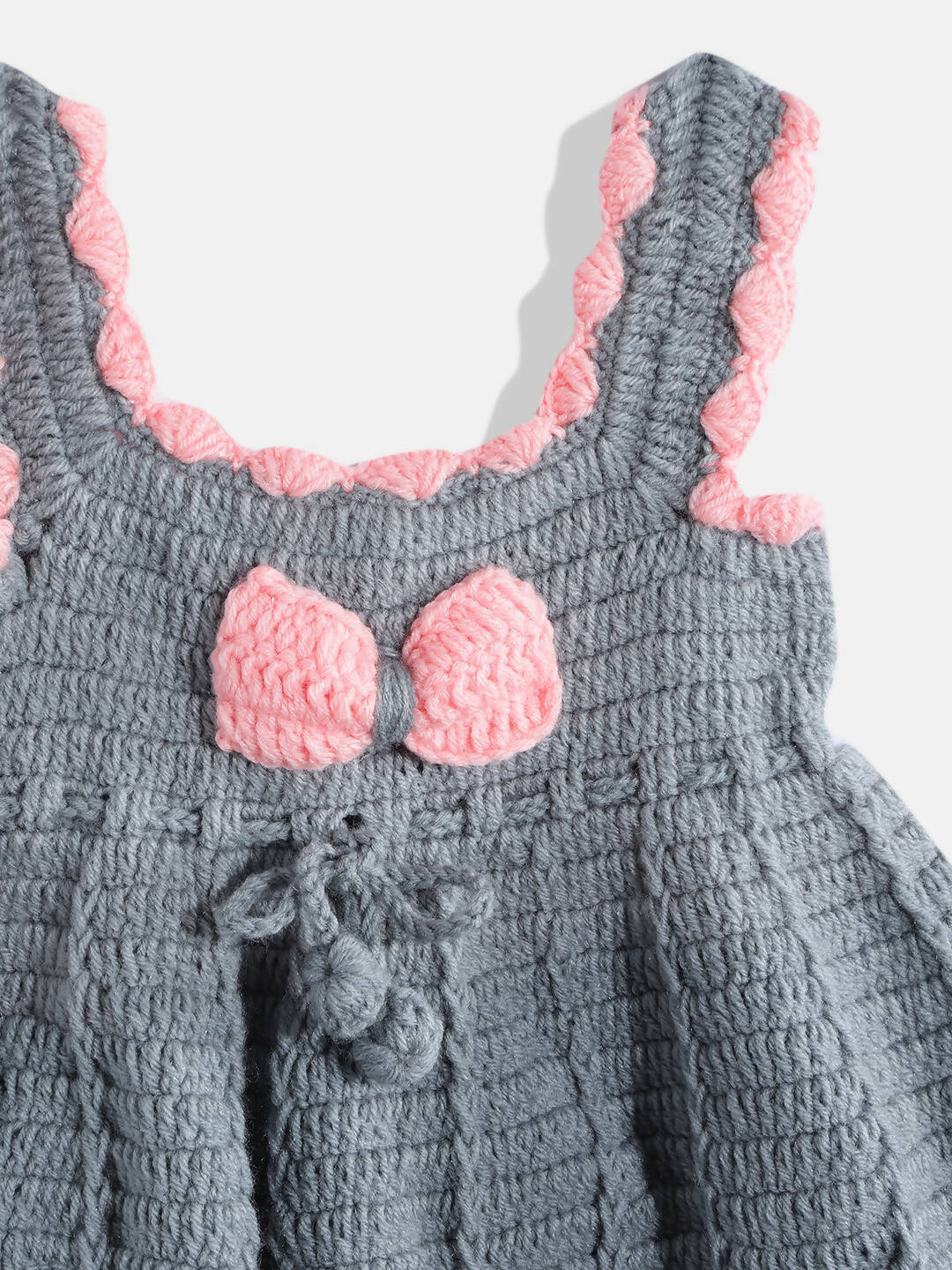 Chutput Kids Woollen Hand Knitted Sleeveless Bow Detail Dress - Grey - Distacart