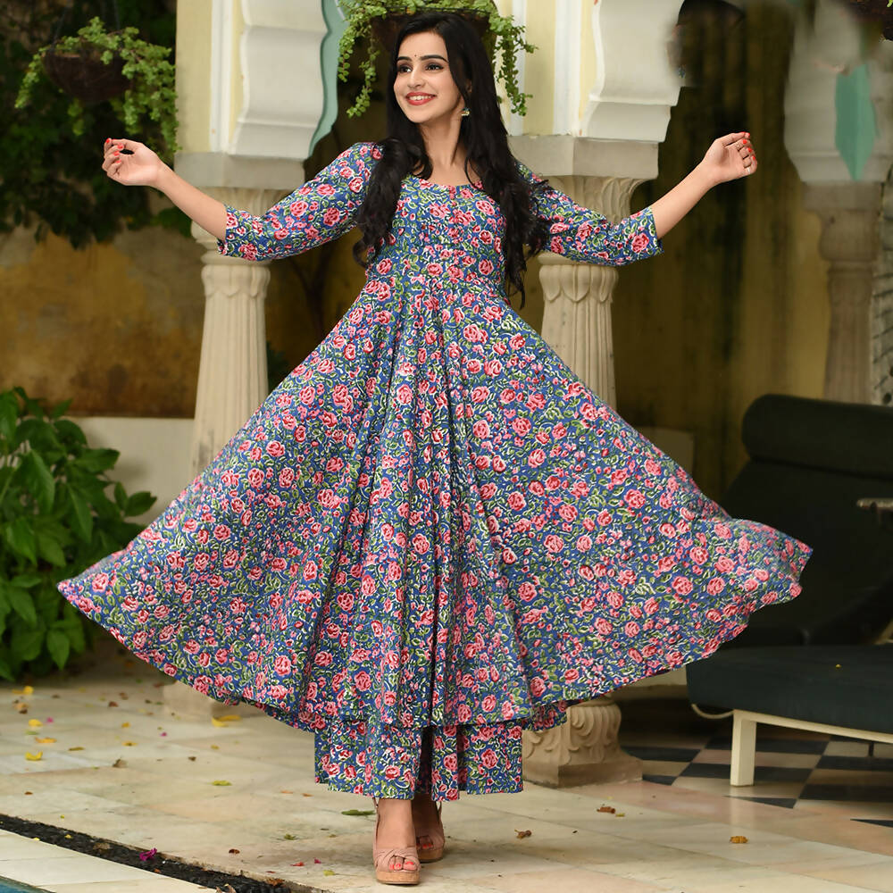 PartyWear Designer Blue and Pink Pure Maslin Palazzo Suit - Anbazaar - Distacart