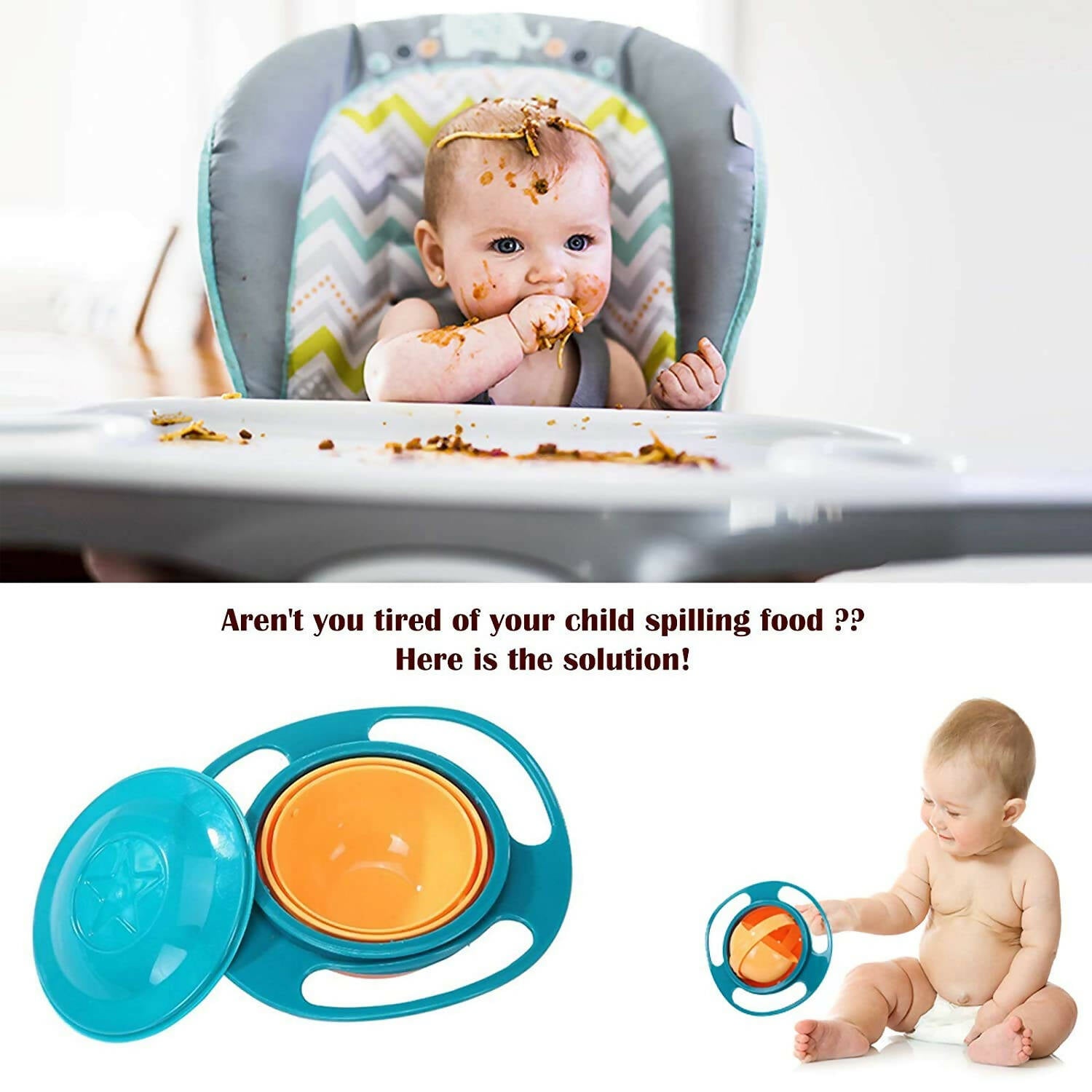 Safe-O-Kid 360 degree spill proof feeding Bowl for kids- Orange & Green Colour - Distacart