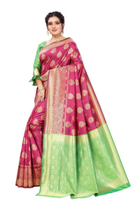 Thumbnail for Vamika Ethnic Fire Pink Weaving Banarasi Jacquard Saree - Distacart