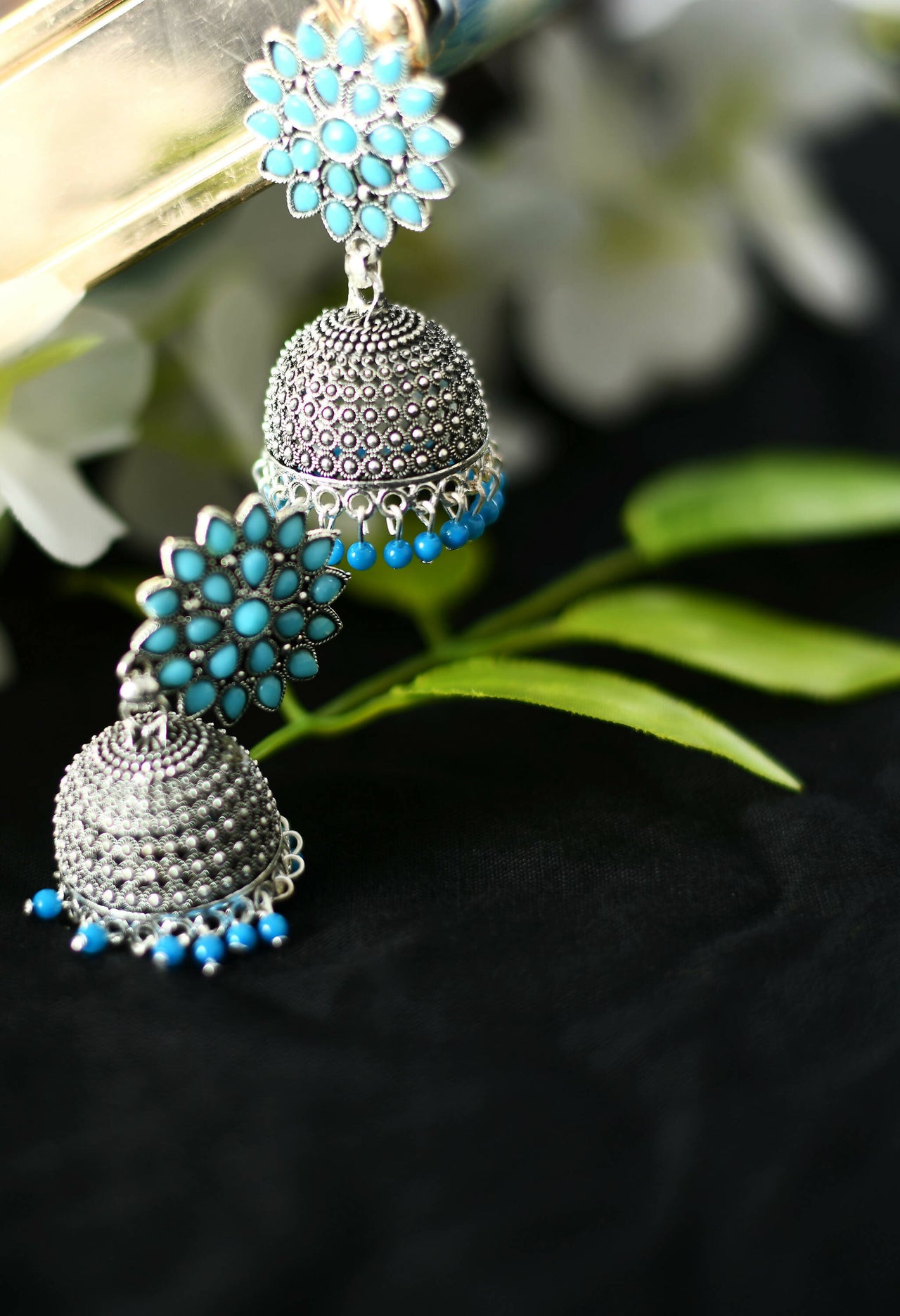 Mominos Fashion Joharkamal Kundan work Jhumka with Sky Blue Beads - Distacart