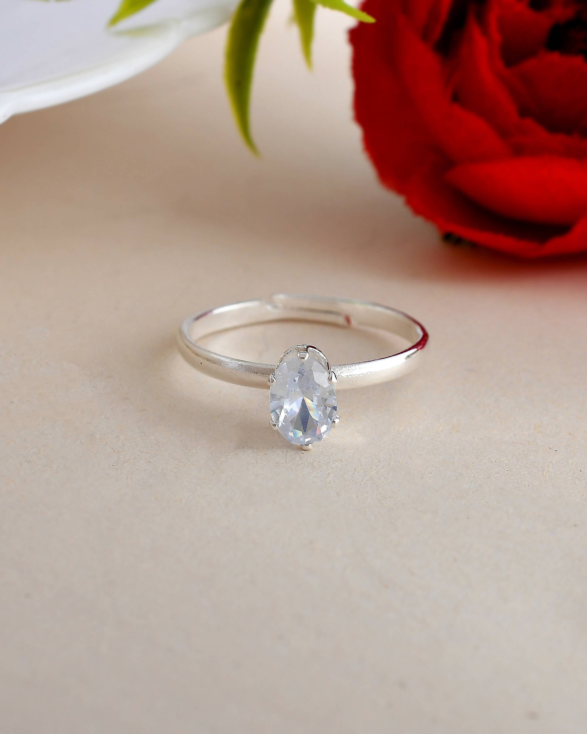 VOJ white CZ-detail Stainless Steel Cubic Zirconia Silver Plated adjustable finger Ring - Distacart