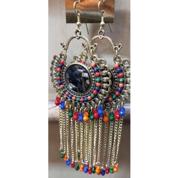 Long Afghani Chandbali with Multi Color Beads And Stone Alloy Chandbali Earrings