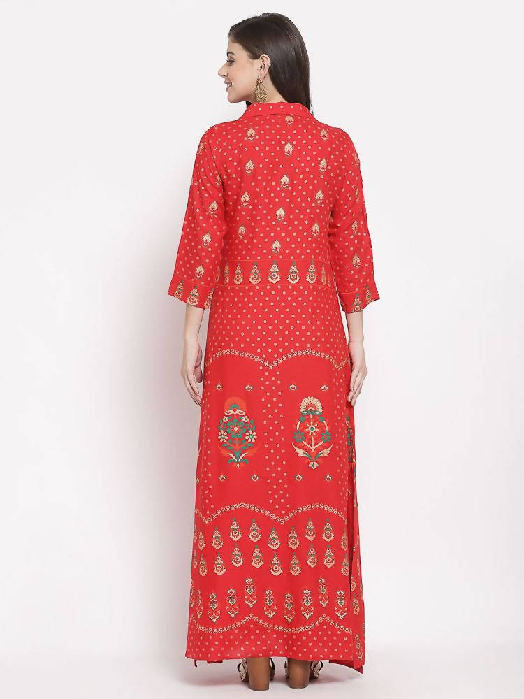 Myshka Women's Red Cotton Printed 3/4 Sleeve Collar Neck Casual Anarkali Kurta