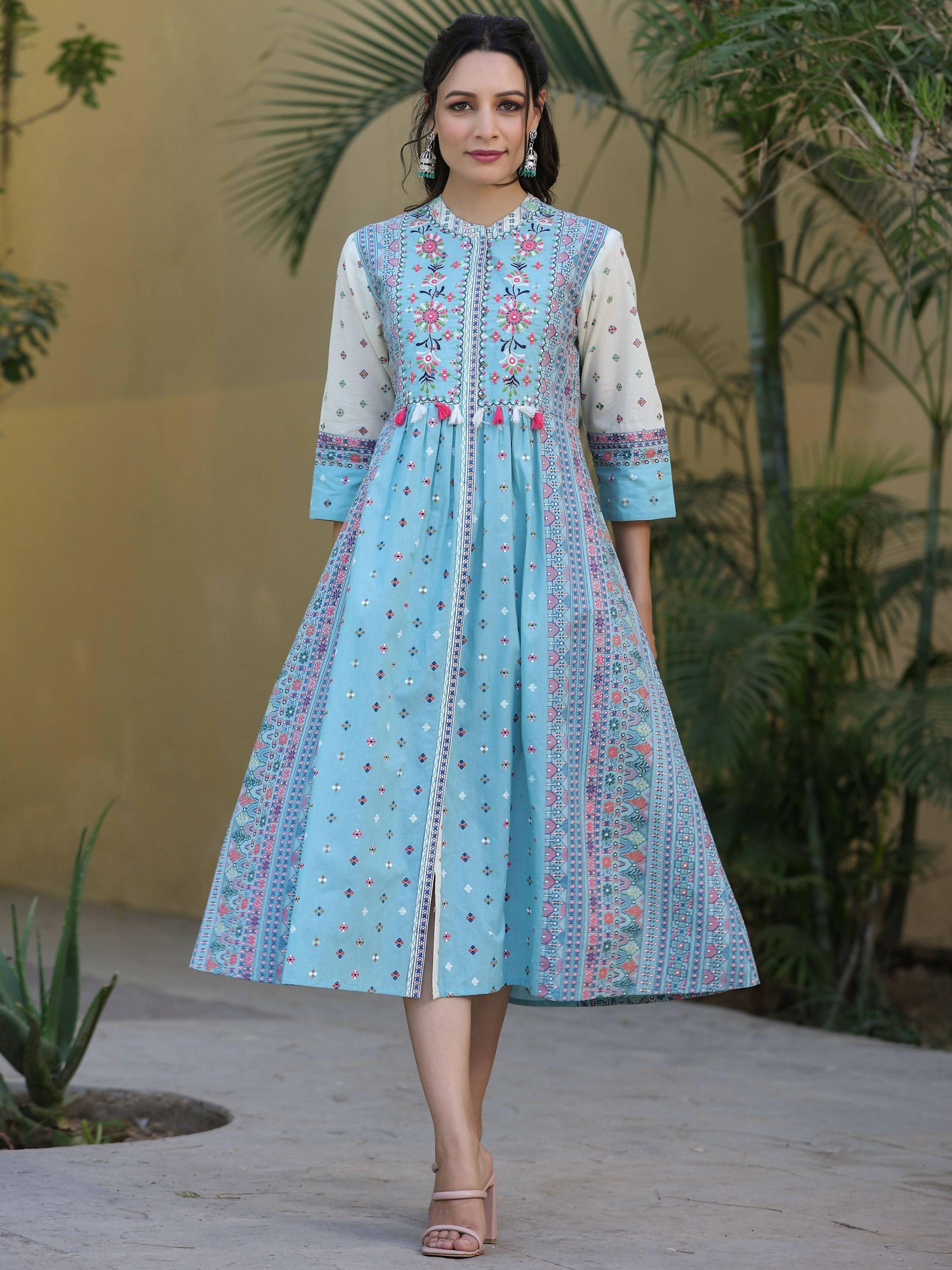 Juniper Women's Skyblue Cambric Printed Flared Dress - Distacart