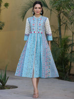 Thumbnail for Juniper Women's Skyblue Cambric Printed Flared Dress - Distacart