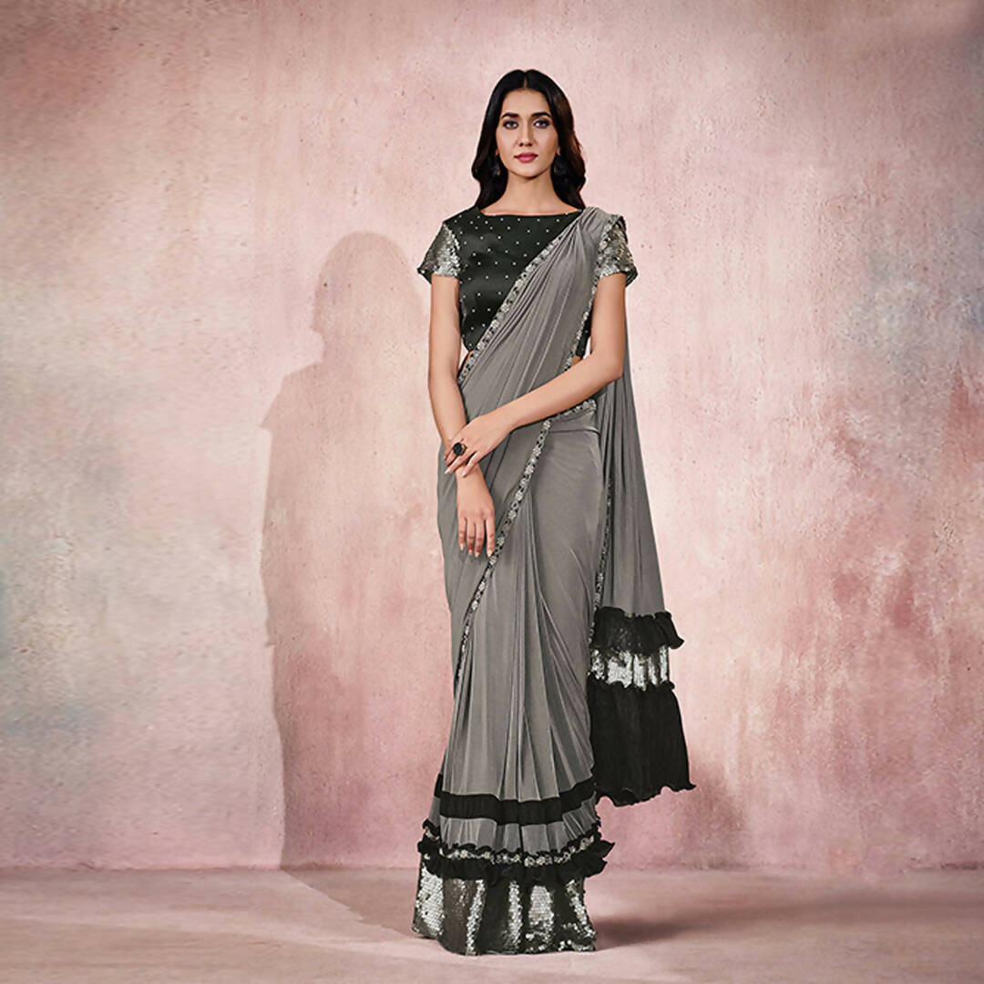 Grey Lycra Embroidery Designer Saree With Blouse - Mohmanthan Sitaarah - Distacart