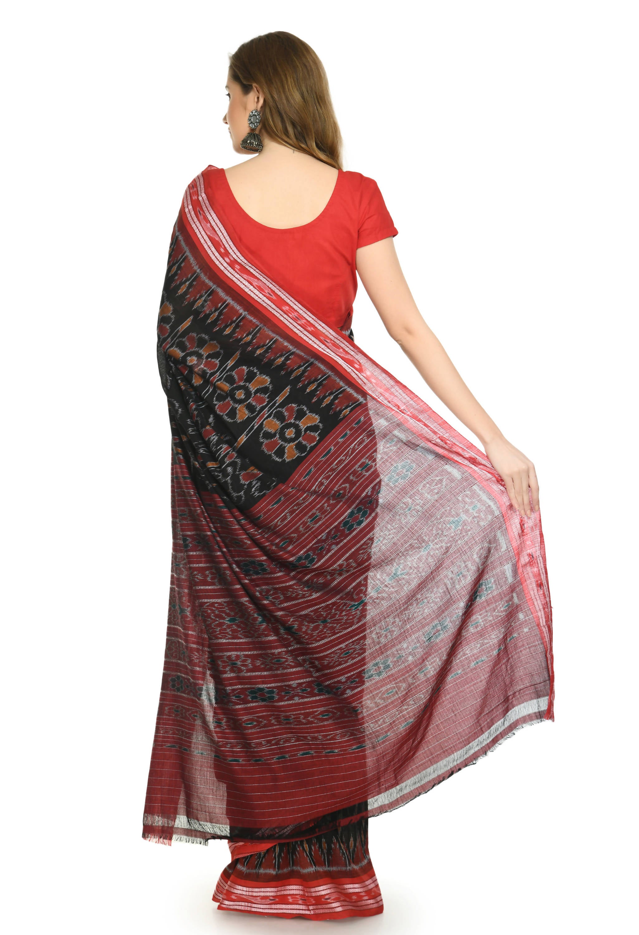 Vamika Sambalpuri Ikat Cotton Dehabandha Tribal Maroon & Orange Saree - Distacart