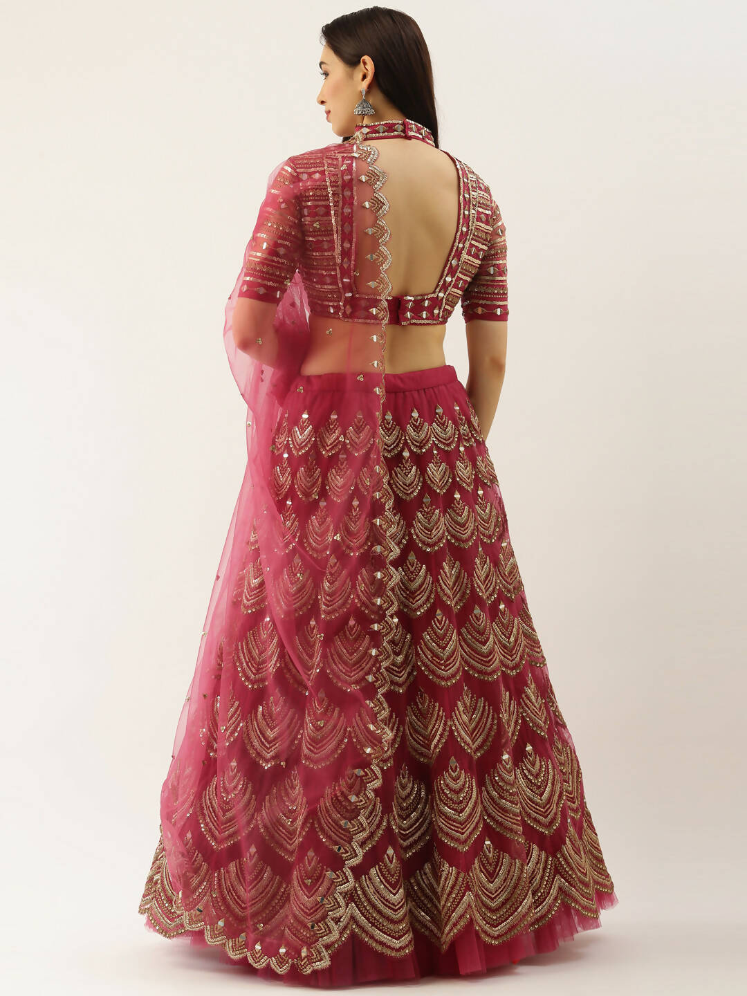 House of Panchhi Women Rosegold Net Embroidered Mirror Lehenga & Blouse with Dupatta - Distacart
