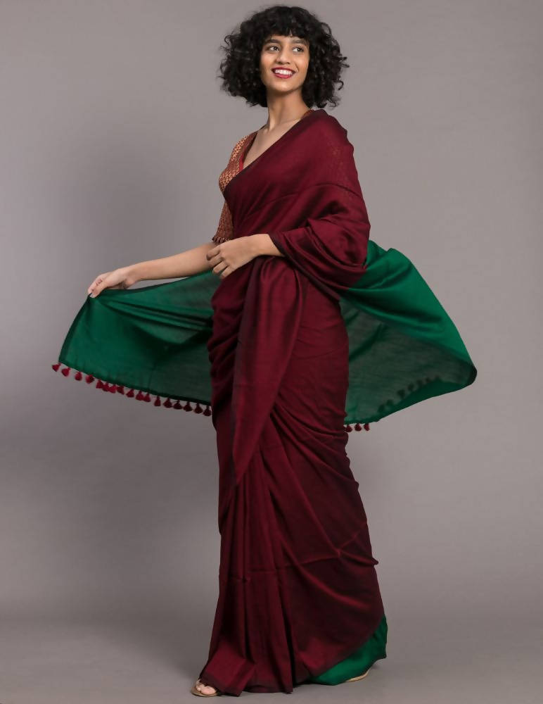Suta Maroon Green Colourblocked Cotton Blend Saree - Distacart