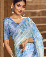 Thumbnail for Sky Blue Silver Chiffon Printed Saree With Unstitched Blouse Piece - Jyoti - Distacart