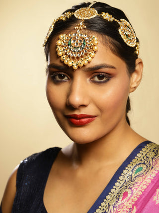 Gold-Plated White Kundan-Studded Pearl Beaded Matha Patti - Ruby Raang - Distacart